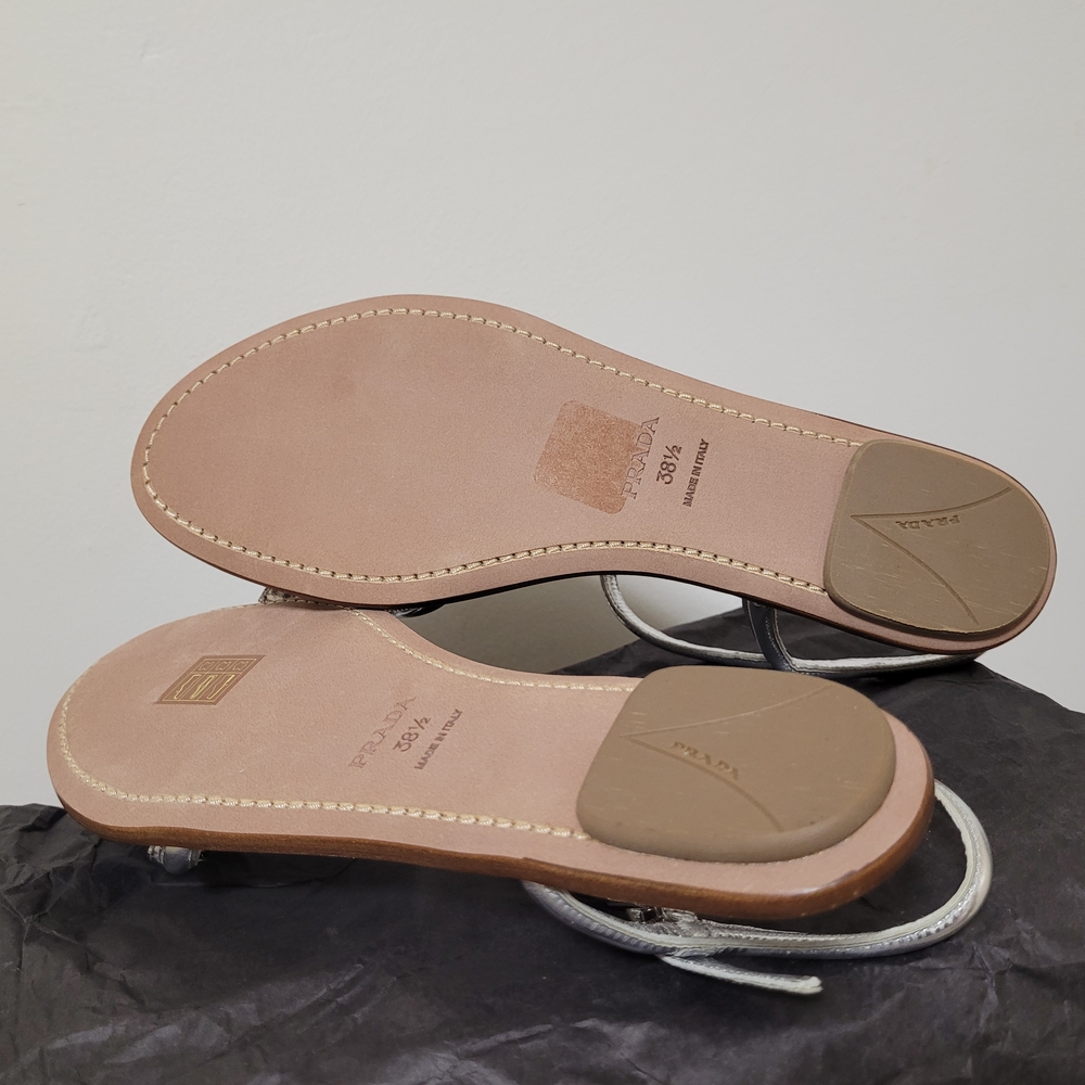 New Prada Leather Bow Logo Silver Sandals - Picture 9 of 11